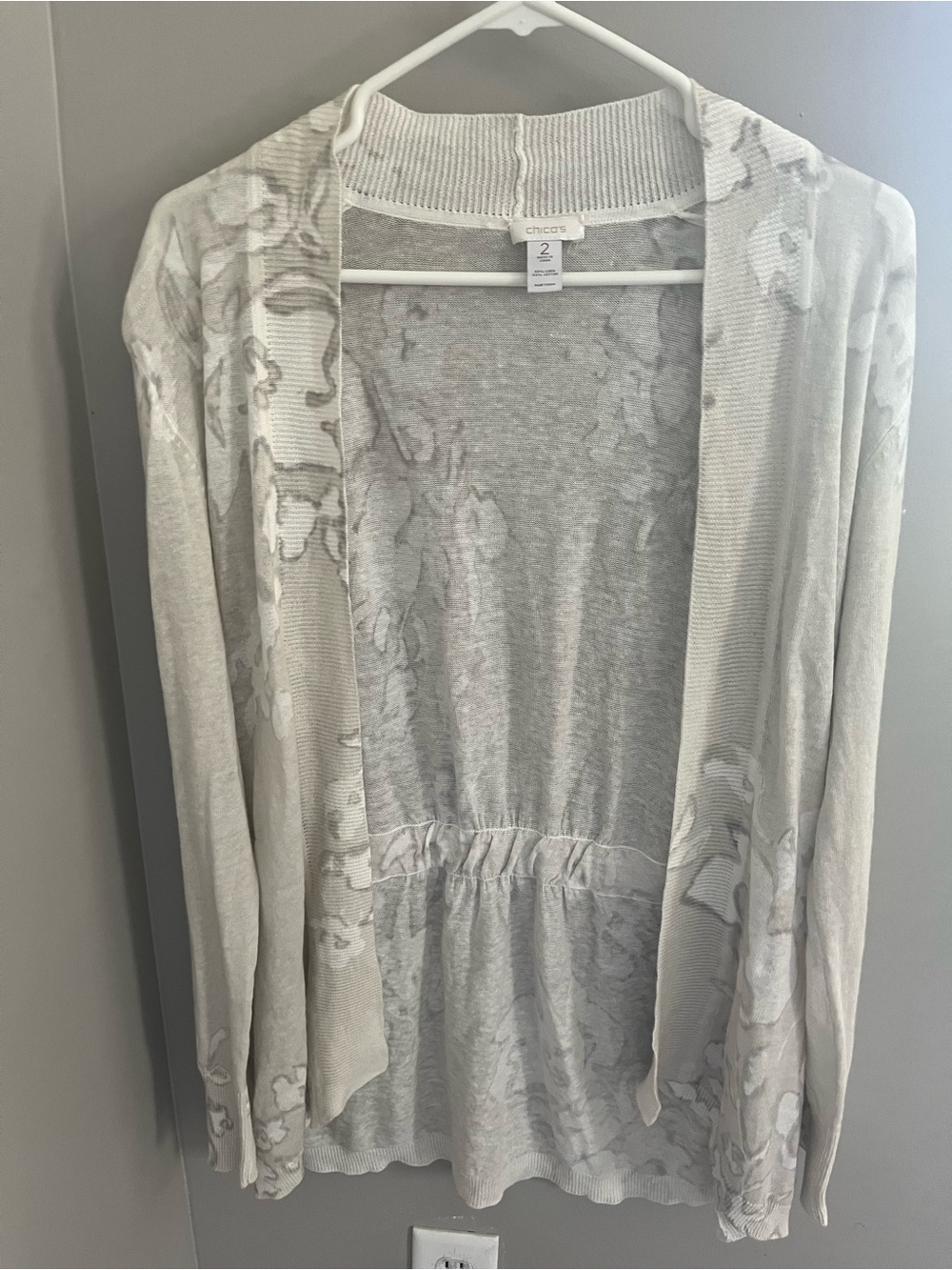 Chico's Light Gray Floral Open Cardigan Sweater sz 2